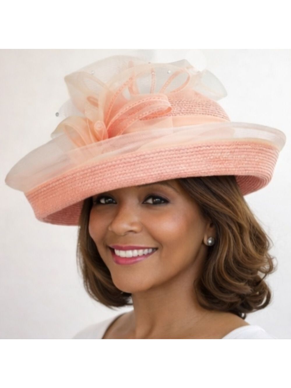 Peach Straw Hat with Satin Band & Tulle Flower – Rhinestone Accent – 22.5” CC